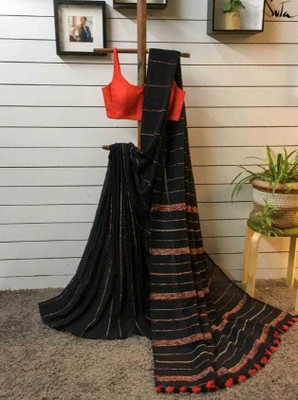 NIBEDITAS CREATION Striped Handloom Cotton Blend Saree(Black)