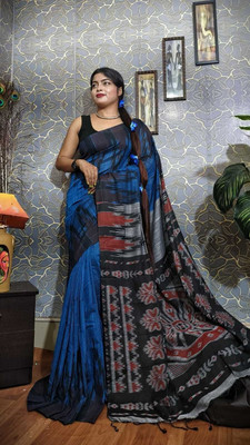 QUETZAL HANDLOOM SAREE Printed Sambalpuri Pure Cotton Saree(Blue)