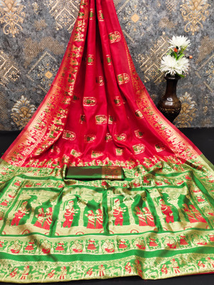 INITHI Woven Baluchari Silk Blend Saree(Red)