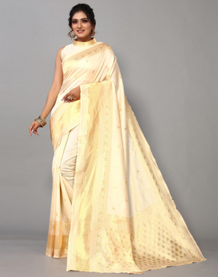 Divastri Woven, Embellished Kanjivaram Silk Blend, Jacquard Saree(White, Gold)