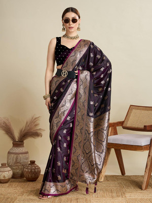 all about you Woven Bollywood Cotton Silk Saree(Purple)