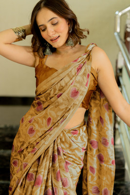 MIRCHI FASHION Printed, Floral Print Bollywood Chiffon, Georgette Saree(Mustard, Pink)