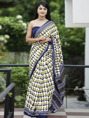 Anouk Rustic Printed Daily Wear Cotton Blend Saree(White)