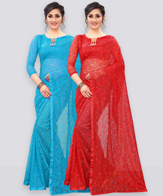 LOROFY Embellished Bollywood Net Saree(Pack of 2, Light Blue, Red)