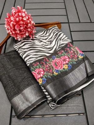 HouseOfCommon Digital Print Kanjivaram Cotton Linen, Pure Cotton Saree(Multicolor)