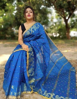 SMRITI HANDLOOM Woven Handloom Cotton Silk Saree(Light Blue)