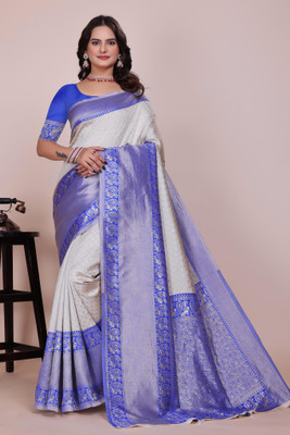 Saadhvi Woven Kanjivaram Pure Silk Saree(White, Blue)