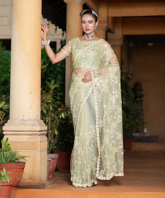 SIRIL Embroidered, Embellished Bollywood Net Saree(Light Green)