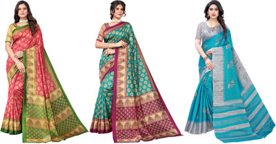 YASHIKA Printed, Woven Mysore Art Silk Saree(Pack of 3, Pink, Blue, Grey)