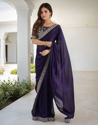 Sperova Embroidered Mysore Jute Silk Saree(Purple)