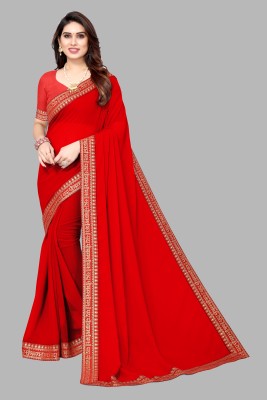 SARETRA MALL Solid/Plain Bollywood Georgette Saree(Red)