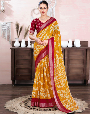 Samah Embellished, Printed Daily Wear Linen, Cotton Blend Saree(Yellow, Mustard)