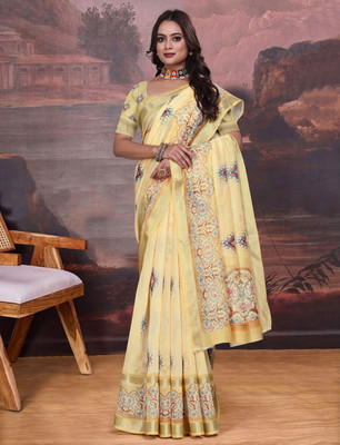 Gajal Woven Kanjivaram Pure Cotton, Cotton Linen Saree(Orange)