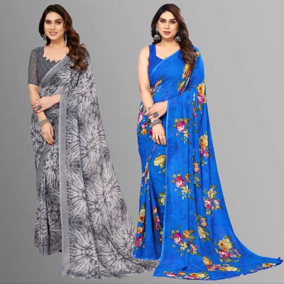 Anand Sarees Floral Print, Polka Print, Ombre, Printed Bollywood Georgette Saree(Pack of 2, Blue, Grey)