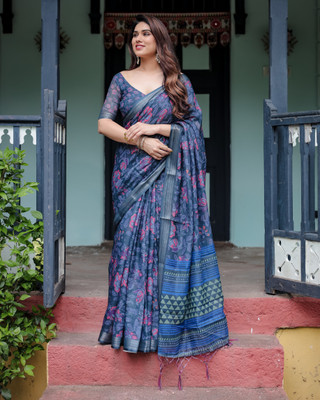 DHAYNAAND REEWA FASHION Digital Print Banarasi Linen Saree(Dark Blue)
