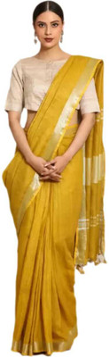 Beauteefy Solid/Plain, Striped Bollywood Cotton Linen Saree(Orange)
