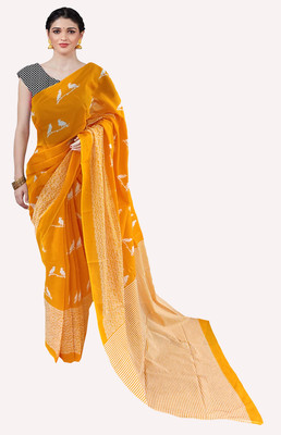 hastshilpi Printed, Color Block, Blocked Printed Daily Wear Pure Cotton Saree(Yellow)