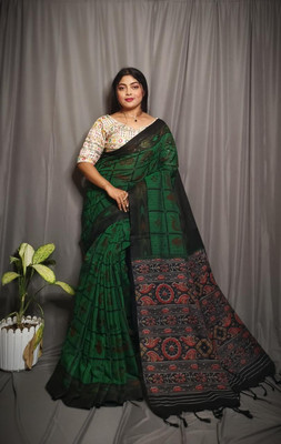 Joyguru Textile Printed Sambalpuri Cotton Blend Saree(Green)