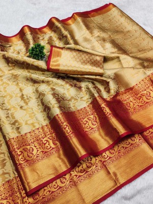 Jhilmil Fashion Floral Print Kanjivaram Jacquard Saree(Cream)