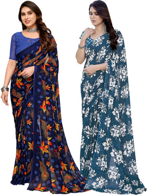 Anand Sarees Printed Daily Wear Georgette Saree(Pack of 2, Dark Blue, Blue)