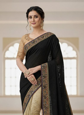 Anugrah Textile Embroidered Banarasi Lycra Blend, Chiffon Saree(Cream, Black)