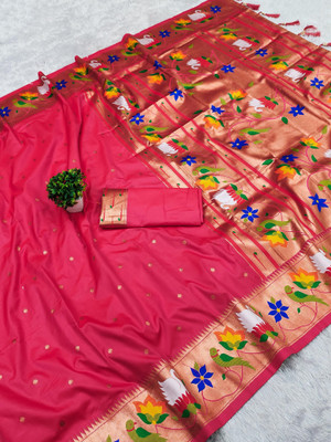PANZORA Woven Paithani Cotton Silk Saree(Pink)