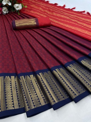 KanjiQueen Woven Banarasi Cotton Blend Saree(Maroon, Blue)