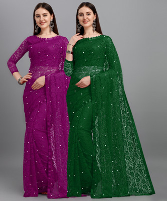 LOROFY Self Design Bollywood Net Saree(Pack of 2, Multicolor)