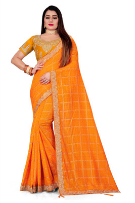 MAN PRIYA TRENDZ Blocked Printed Bandhani Art Silk Saree(Yellow)