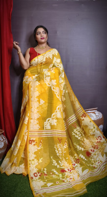 M STORE Printed Jamdani Cotton Silk Saree(Yellow)