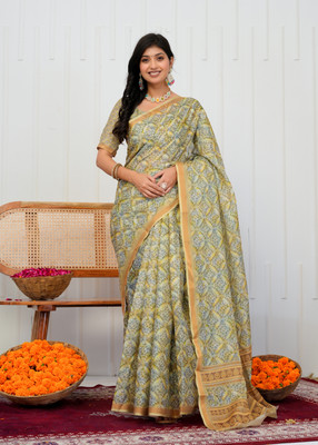 SHRIVAN FASHION Printed Bollywood Cotton Blend Saree(Cream, Beige, Yellow, Gold)