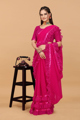 HOKLER Embellished, Printed Bollywood Georgette Saree(Pink)