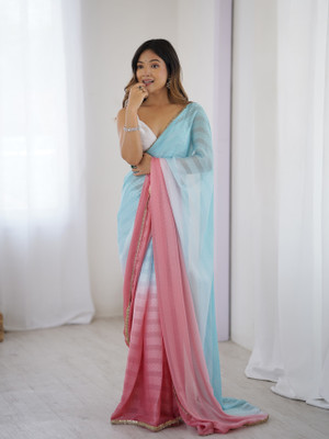 Divastri Solid/Plain Bollywood Satin Saree(Blue, Pink)