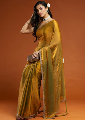 BRAHMSHAKTI Embellished Bollywood Tissue, Pure Silk Saree(Gold)