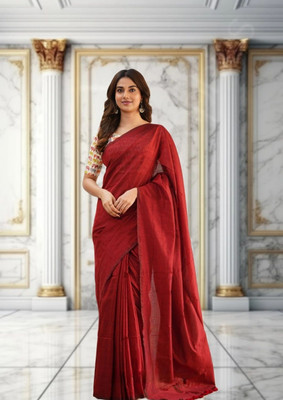 Trndysares Solid/Plain Handloom Handloom Cotton Blend Saree(Red)