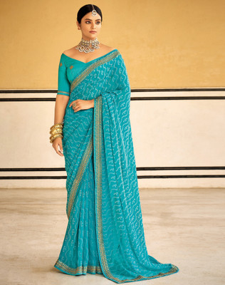 SIRIL Striped, Embellished Bandhani Georgette Saree(Light Blue)