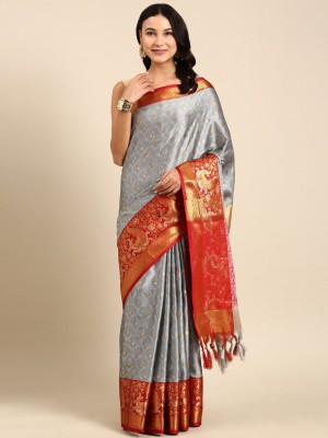 SILK SAREE HUB Woven Kanjivaram Jacquard, Cotton Silk Saree(Grey)