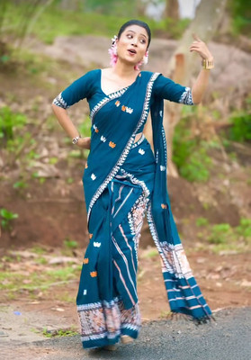 GRUJHA Self Design Mekhela Chador Polyester Saree(Dark Green)