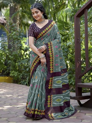 Sareemall Printed Ikkat Pure Cotton Saree(Light Green)