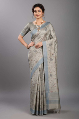K 5 FASHION Digital Print Bollywood Cotton Silk Saree(Grey)