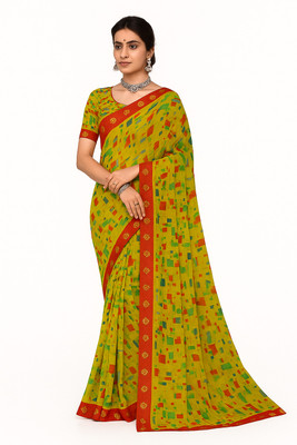 AGANTUK FASHION Printed Saree with Attached Blouse Chiffon Saree(Yellow)