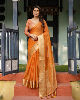 DHAYNAAND REEWA FASHION Solid/Plain, Embellished Bollywood Chiffon Saree(Orange)