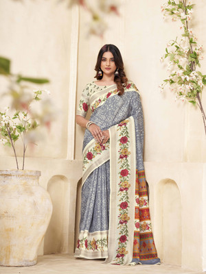 Zenophily Solid/Plain Maheshwari Chiffon Saree(Grey)