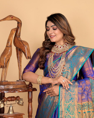 LAVYANSH CREATION Self Design, Woven Banarasi Art Silk, Jacquard Saree(Blue)