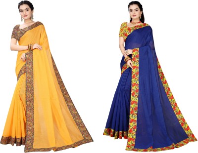 manish Printed Chanderi Cotton Blend Saree(Pack of 2, Blue, Yellow)