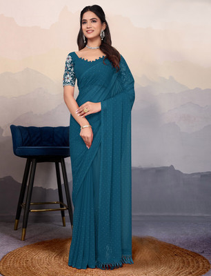 Vrati Creation Solid/Plain Bollywood Georgette Saree(Blue)