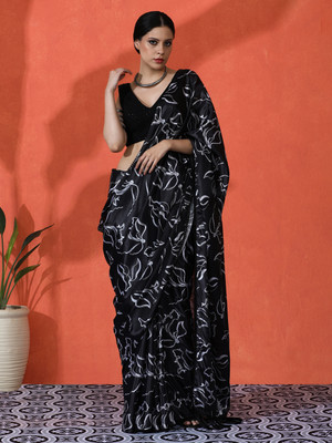Sangria Printed Daily Wear Satin Saree(Black)