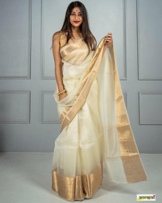 KALKEE Self Design Kasavu Organza Saree(White)