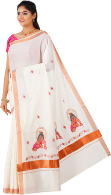 RSV FABRICS Embroidered Kasavu Cotton Blend Saree(Beige)