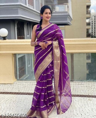 Banaras silk palace Striped, Woven Banarasi Organza Saree(Magenta)